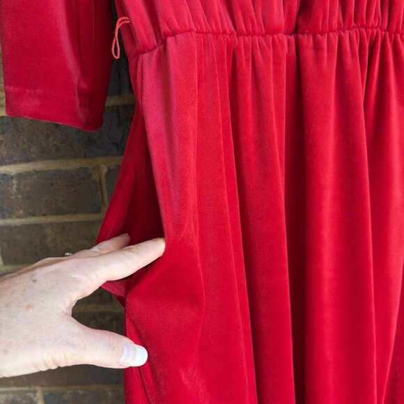 Vintage Anthony Richards Red Velvet Velour Scalloped V Neck Dress Pockets Sz 10 - Picture 3 of 8